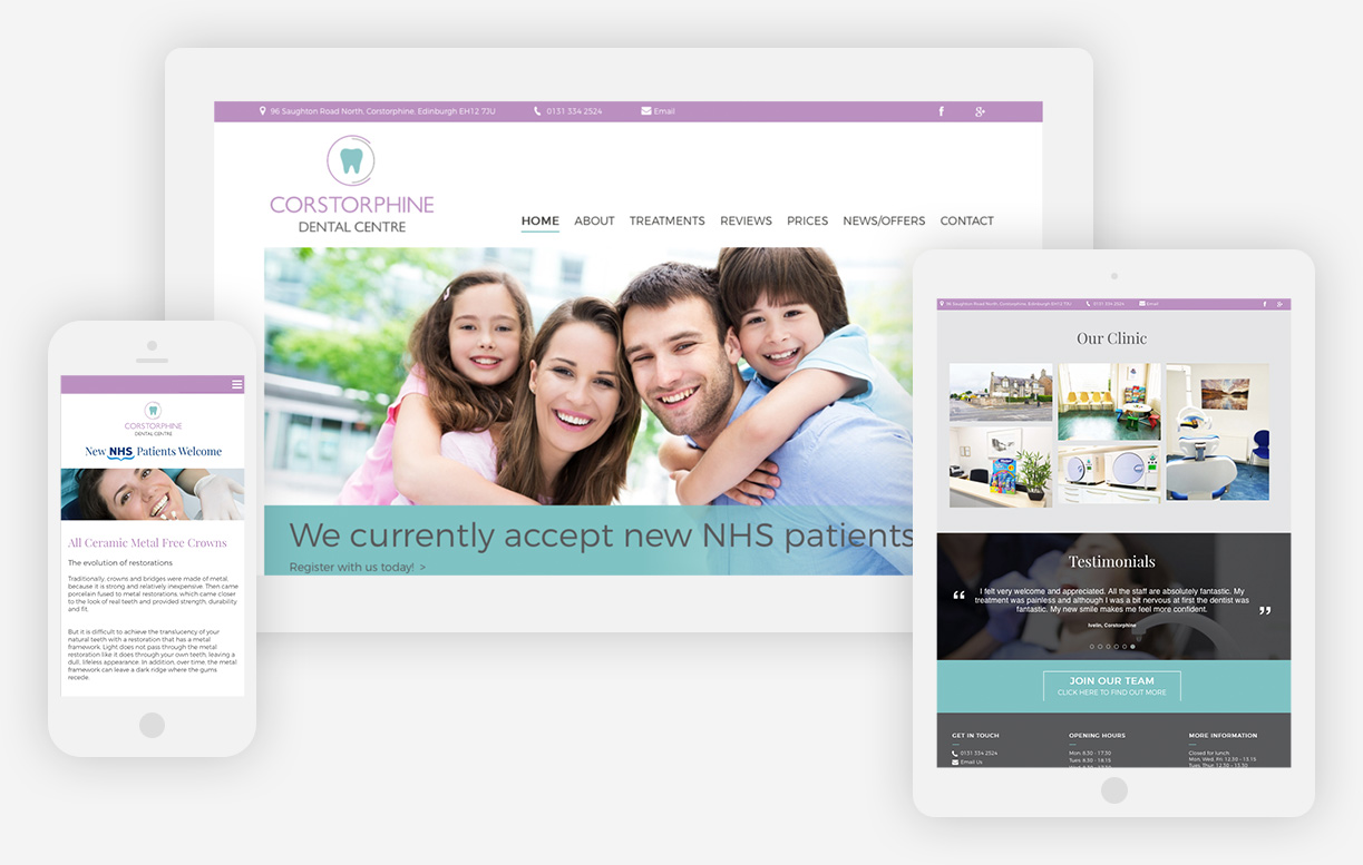 The Corstorphine Dental website shown on a mobile, tablet and desktop devices.